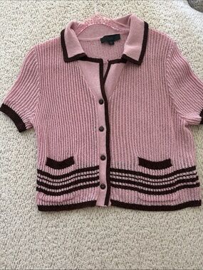 Zara Pink Short-Sleeve Knit Cardigan with Brown Trim